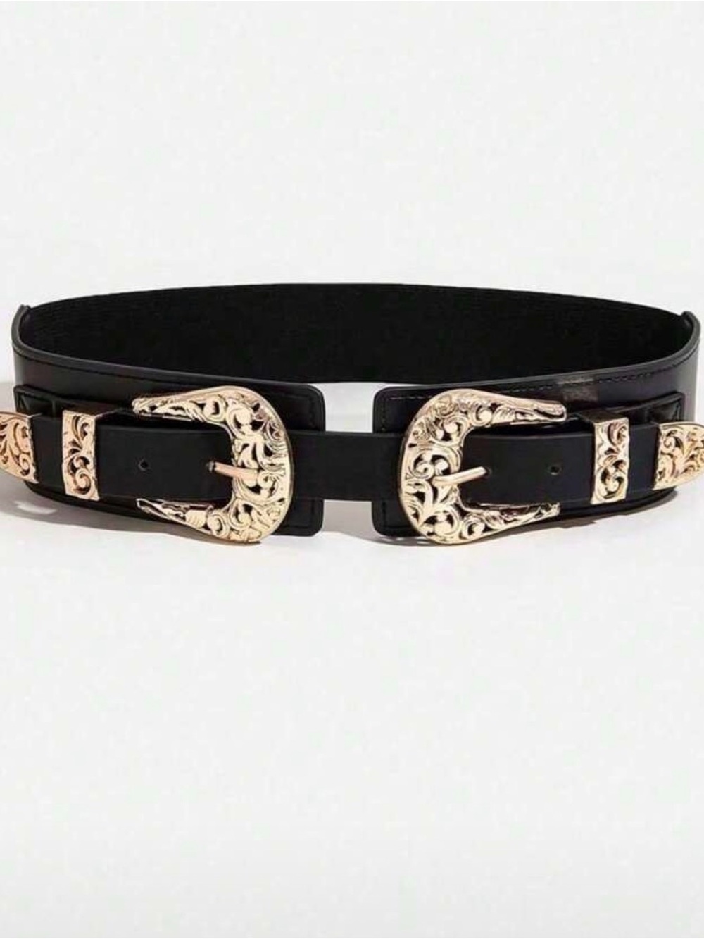 Black Double Buckle Western Waist Belt with Gold Buckles